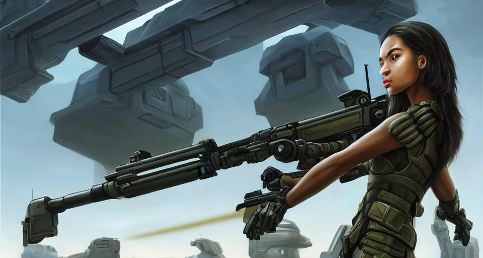 Prompt: a photorealistic painting of an attractive young girl, clothed in stealth-battle armor with a giant sci-fi sniperrifle in her hands, olive skin, long dark hair snd ebony skin, symmetrical face, a futuristic hover-tank with heavy laser-turret in the background, intricate details, elegant, digital painting, illustration, sharp focus, minimal artifacts, from Metal Gear, in the style of Ruan Jia and Mandy Jurgens and Greg Rutkowski, trending on Artstation, award winning, unreal engine, octane render