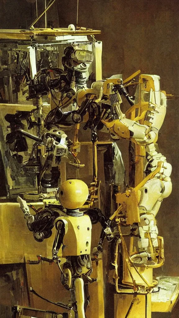 Image similar to robot artist painting a canvas, the painting is of a robot. intricate, highly detailed, photorealistic, film still, by carl spitzweg.