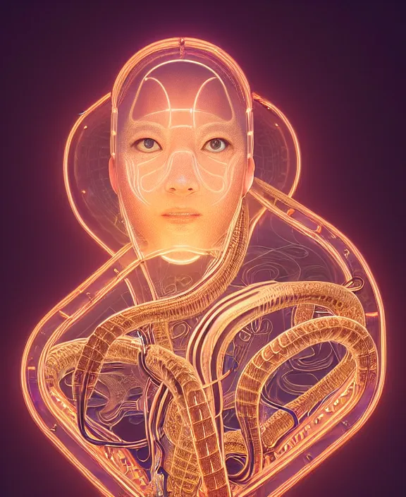 Image similar to intricate opulent transparent clear see - through portrait of handsome masculine snake, fractal, neon lights, circuitry, industrial environment, ultra realistic, concept art, art nouveau, photorealistic, octane render, 8 k, unreal engine. art by nori inoguchi and sam kaplan and zachary goulko and christopher marley and artgerm and alphonse mucha