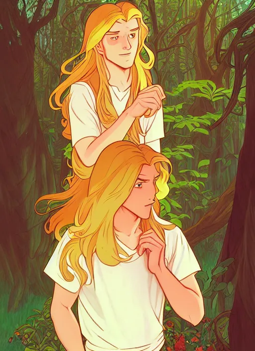 Prompt: book cover design, pretty young man with long golden blond hair in a forest, natural lighting, path traced, highly detailed, high quality, cartoon, digital painting, by don bluth and ross tran and studio ghibli and alphonse mucha