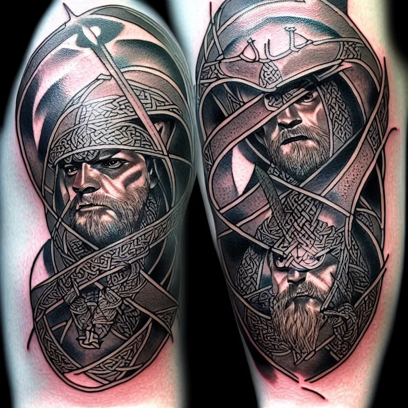 Image similar to shaded tattoo, minimalist, knotwork with center viking warrior, extremely detailed, bold line art, by vincent di fate and joe fenton and artgerm, holding shield and sword, centered, inking, etching, screen print, inkblots of color, masterpiece, trending on artstation, sharp, high contrast, hyper realistic, hd, 4 k, 8 k