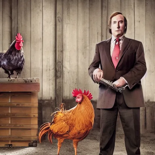 Image similar to saul goodman and a rooster in a saw movie torture chamber, scary torture devices in the background, saul goodman, rooster, photo