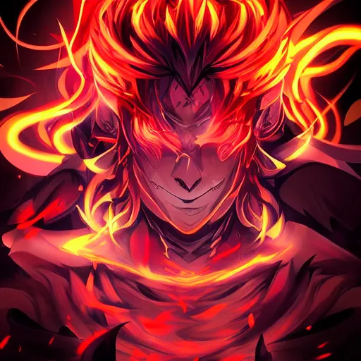Prompt: villan devil handsome in demon slayer art, night, fire lines, anime style, detailed face, high quality, smooth in 8k, sharp focus, beautiful scene, black border, beautiful scene with a lot of colors, dark colorful fire, many colors in the background, black