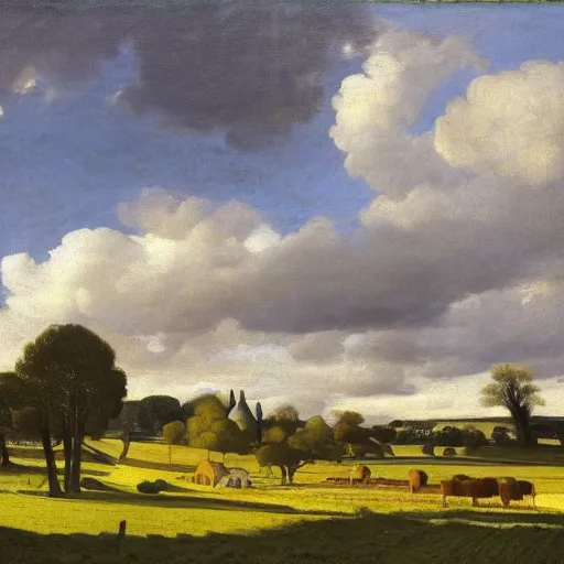 Prompt: a Landscape of pastoral agriculture, English green rolling hills, hay stack, oak tree, distant clouds, distant river, Style of vermeer view of delft, highly detailed, 8k