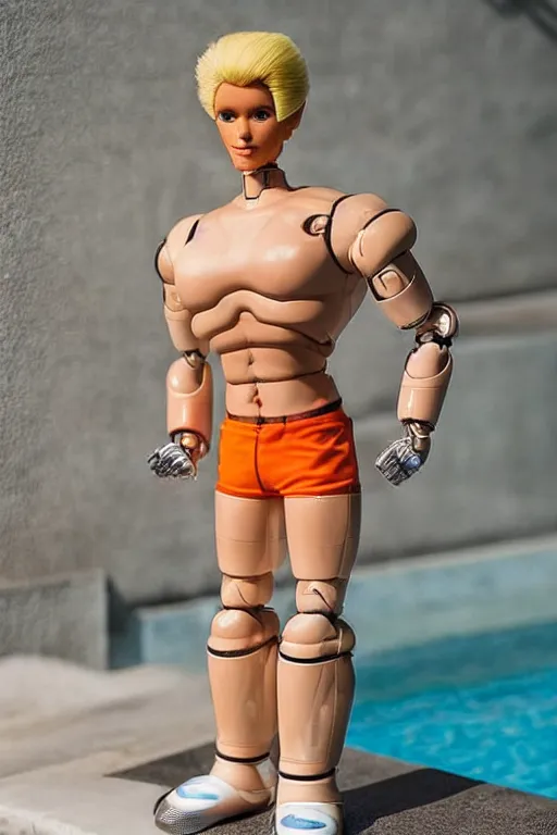 Prompt: a handsome bodybuilder with blonde hair who is also a male android robot, ken doll, muscular, wearing a cut-off white crop top and short light orange shorts stands by a swimming pool, shiny skin, robotic