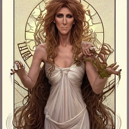 Image similar to amazing lifelike award winning pencil illustration of Celine Dion with gorgon hair trending on art station artgerm Greg rutkowski alphonse mucha cinematic