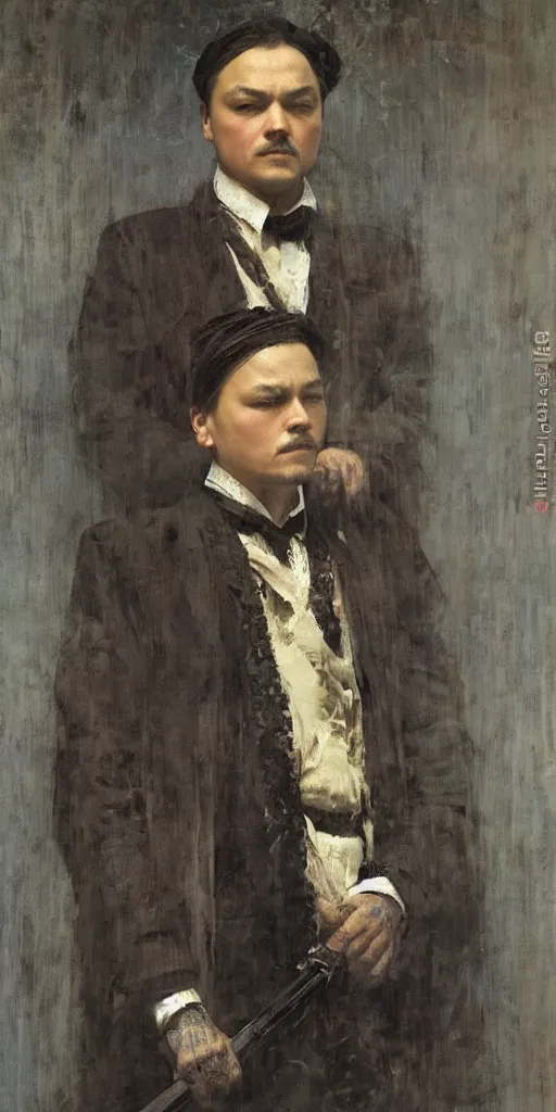 Image similar to di caprio by Solomon Joseph Solomon and Richard Schmid and Jeremy Lipking victorian genre painting full length portrait painting of 张国荣 in traditional costume