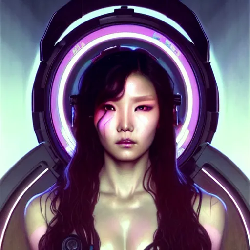 Prompt: portrait painting of hwasa as a cyberpunk technician with a halo and devil horns, ultra realistic, concept art, intricate details, eerie, highly detailed, photorealistic, octane render, 8 k, unreal engine. art by artgerm and greg rutkowski and magali villeneuve and alphonse mucha