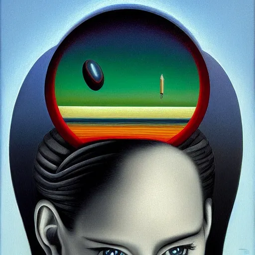 Prompt: colorful art deco portrait, an ultrafine detailed painting by rafal olbinski, thomas cole, behance contest winner, pop surrealism, detailed painting, very detailed, minimalist, skeuomorphic, airbrush art