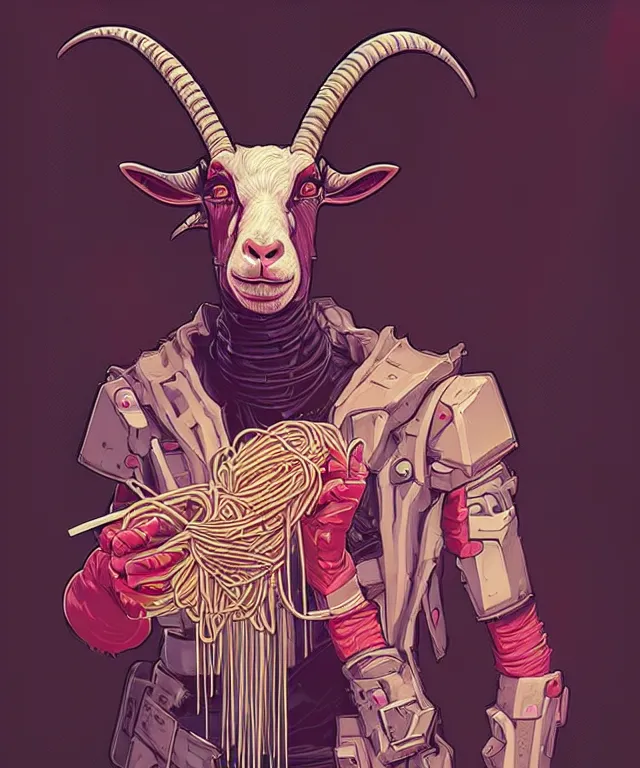 Image similar to a portrait of an anthropomorphic cyberpunk goat eating spaghetti, cyberpunk!, fantasy, elegant, digital painting, artstation, concept art, matte, sharp focus, illustration, art by josan gonzalez