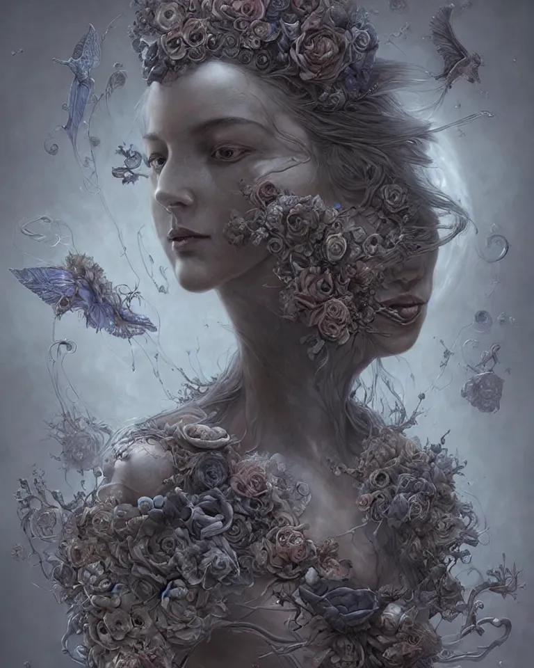 Image similar to a sculpture of a gorgeous etherial female, breaking apart, metaphysical paintings, Andrew Ferez, by Charlie Bowater, Marco Mazzoni, Seb McKinnon, Ryohei Hase, jeremy geddes, lovecraftian, made of mist, cosmic horror, trending on cgsociety, featured on zbrush central, grotesque, vanitas, new sculpture, mystical