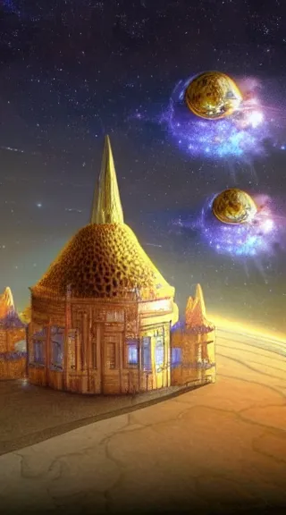 Image similar to mythical palace on a floating astroid in space in front of colliding spiral galaxies