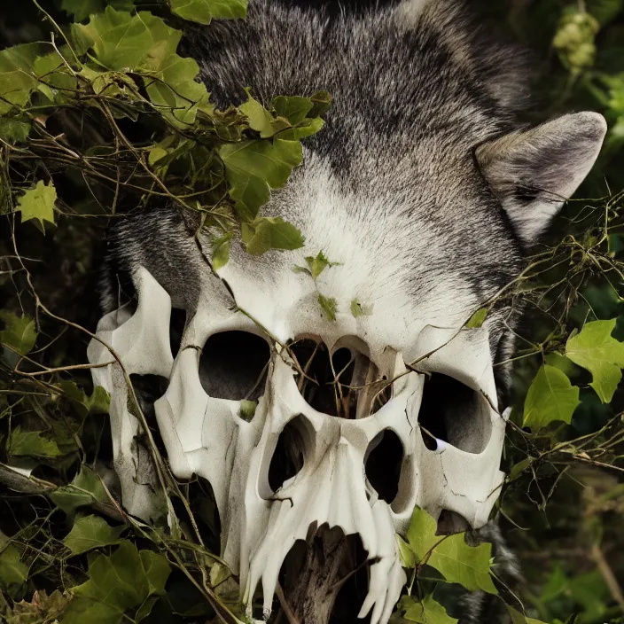 Image similar to overgrown foliage on a realistic wolf skull, close - up, beautiful, lens flare, emotional, sweet, flowers, detailed, picture, artstation, award - winning