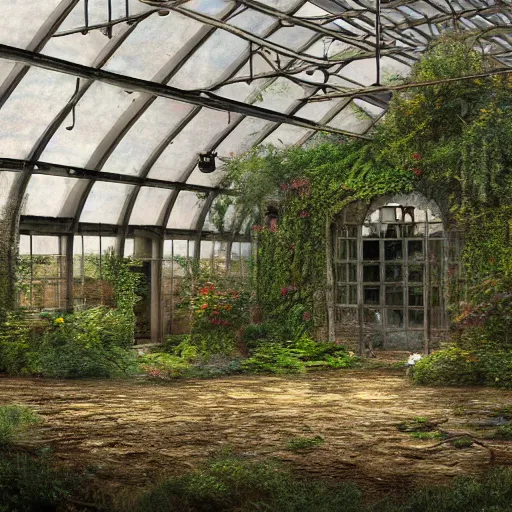 Prompt: a realistic digital painting of a dimly lit stone garden inside an abandoned greenhouse