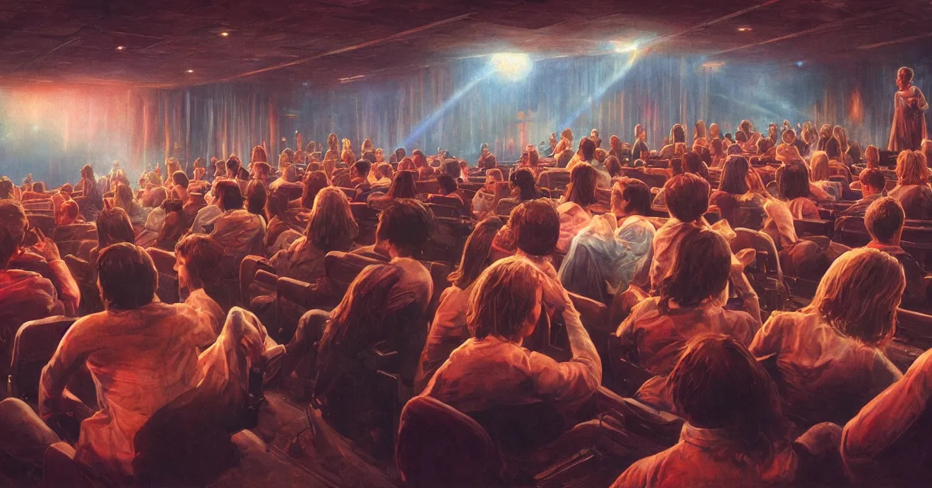 Image similar to rear view of the seated souls in the cinema and watching volumetric light of consciousness projecting their lives in front of them on the big screen, realistic, deep sense of spirituality, visual plasticity, unreal engine quality, raytracing, vray shading, style of earl norem