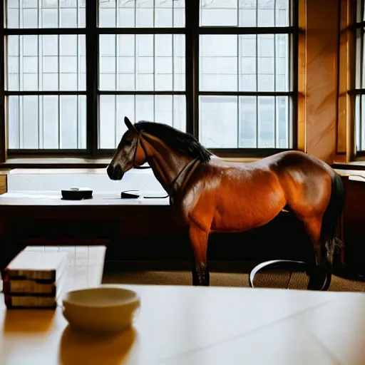 Prompt: a horse sitting at a desk doing business, servicing mortgages, fax machine, office seen, photograph