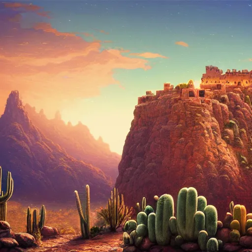 Prompt: A Beautiful detailed matte painting of a fort in a rocky desert with cactus, by alena aenami, dan mumford and thomas kinkade, wallpaper 4k, trending on artstation - W 1084