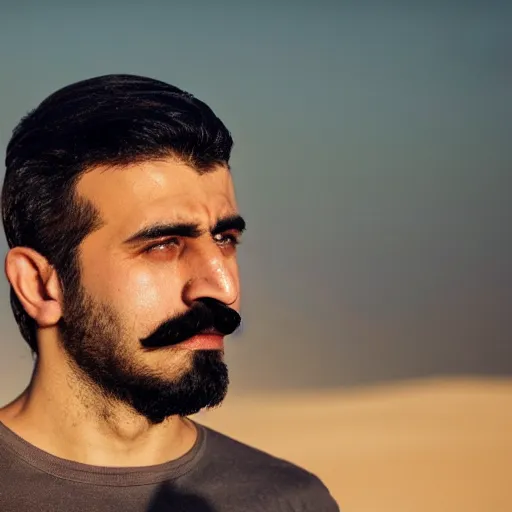 Prompt: real life photo of a Syrian man, short dark hair, goatee and moustache, blue watery eyes, full round face, short smile, serene desert setting, cinematic lightning, medium shot, mid-shot, highly detailed, photorealistic, 80mm, 85mm, cinematic wallpaper