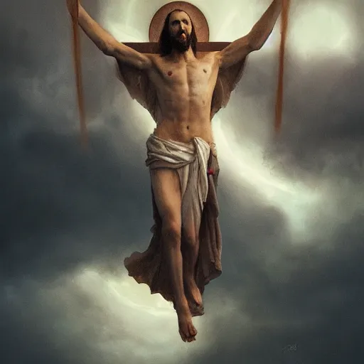 Image similar to jesus christ death in a inverted croos, by greg rutkowski, canon eos c 3 0 0, ƒ 1. 8, 3 5 mm, 8 k, medium - format print