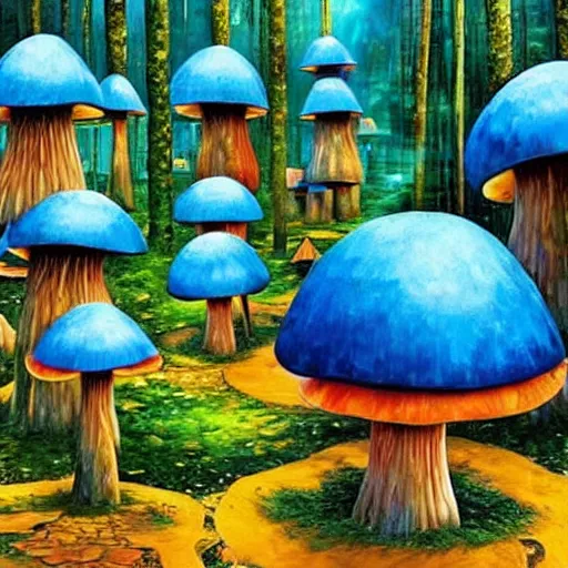 Image similar to blue glowing mushroom houses in a forest village, mushroom architecture, art by ricardo bofill, james christensen, rob gonsalves, paul lehr, leonid afremov and tim white