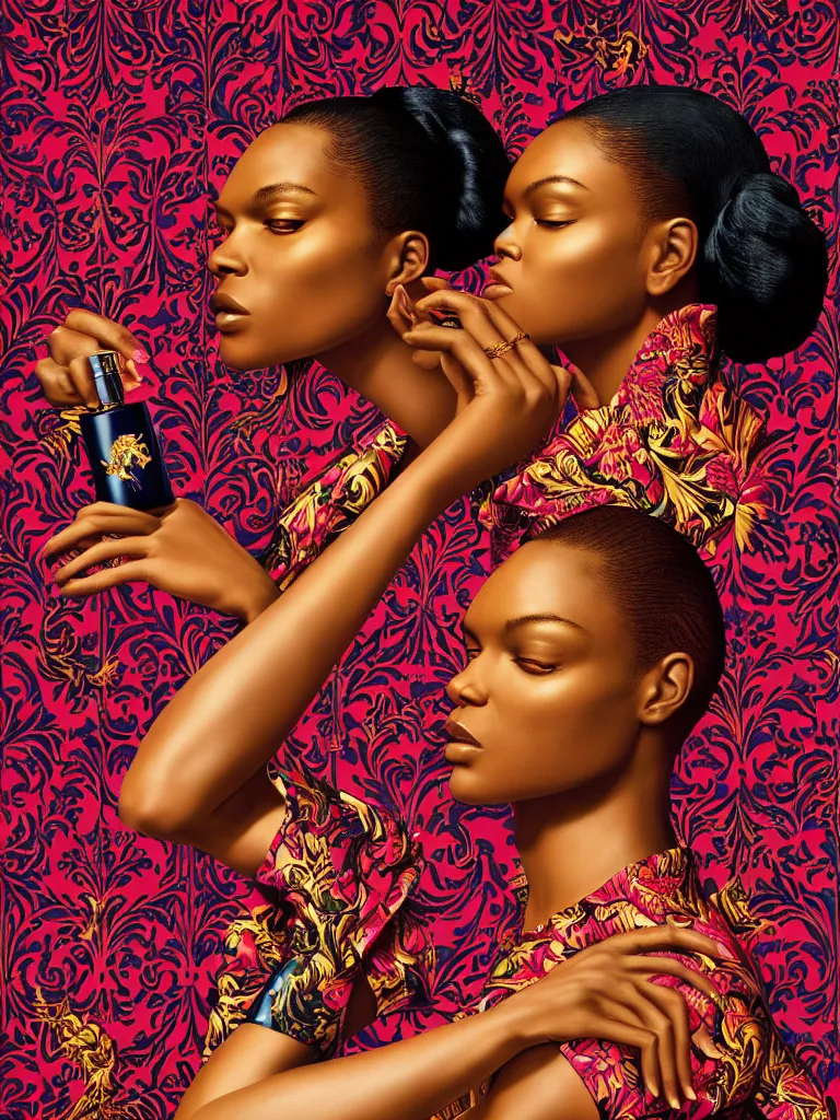 Image similar to fragrance advertising campaign by kehinde wiley, highly detailed, intricate, saturated colors