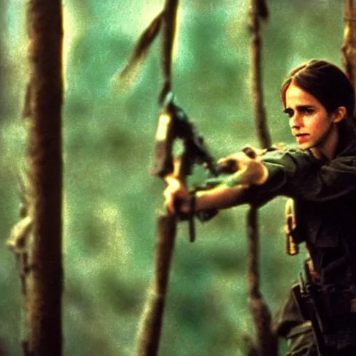 Image similar to film still, extreme far view, emma watson vietnam door gunner, film still from apocalypse now ( 1 9 7 9 ), 2 6 mm, kodak ektachrome, blue tint expired film,