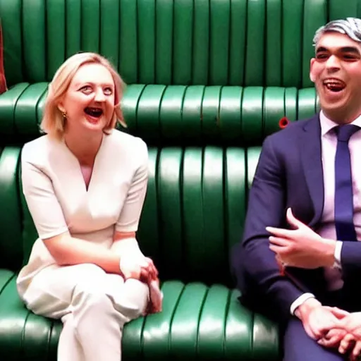 Image similar to Liz truss and Rishi sunak and the devil laughing together in parliament. Daily Telegraph.