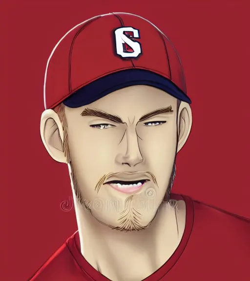 Image similar to tall white guy with a short blonde beard wearing an nc state red baseball cap and red shirt full color digital illustration in the style of don bluth, artgerm, artstation trending, 4 k