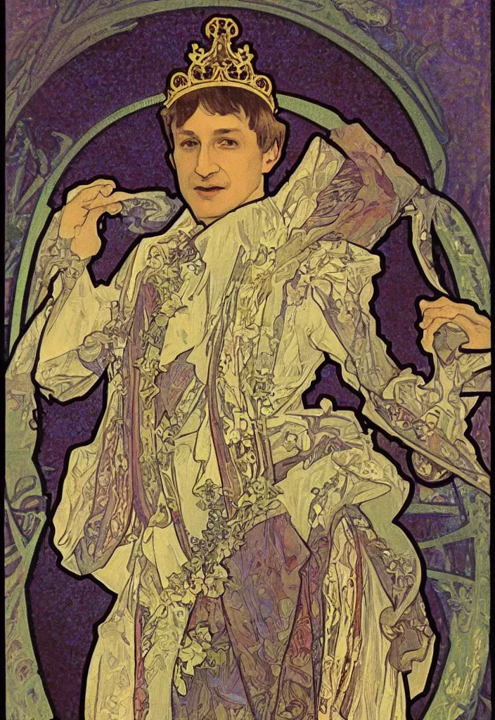 Prompt: geoffrey hinton in a crown on a tarot card, tarot in art style by alphonse mucha