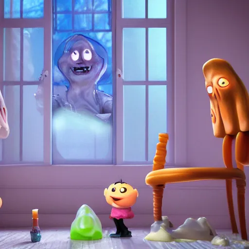 Prompt: disney movie old haunted house, slime oozing out of the windows, cartoon pixar style, anime volumetric lighting, 3d model pixar render