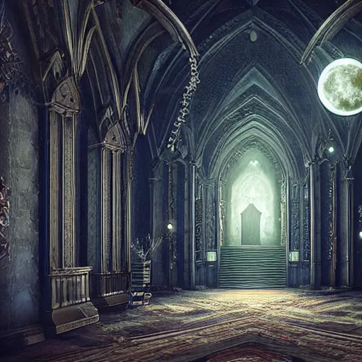 Prompt: large gothic hall with large chandeliers under the ceiling, horror movie, moonlight, artstation, detailed, colorfull, miadzaki aestetics