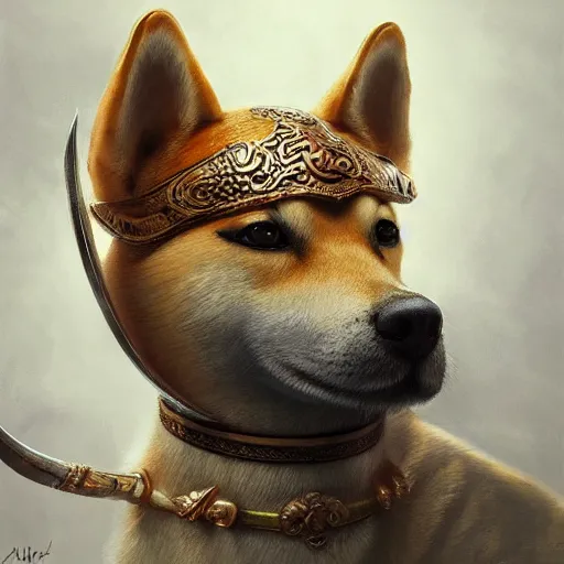 Image similar to detailed photorealistic painting of a shiba inu wearing a highly detailed ornamented bronze typical viking helmet with two horns, sharp focus in the style of ruan jia, Mandy jurgens, cinematic light, concept art, trending on artstation, ultra realistic