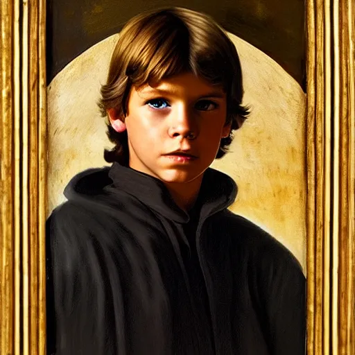 Image similar to a portrait painting of young luke from star wars in a renaissance style hanging in the louvre