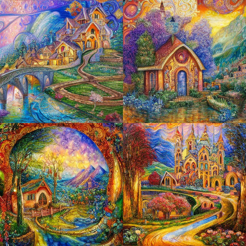 Prompt: a beautiful painting of a building in a serene landscape, by Josephine Wall, trending on arstation