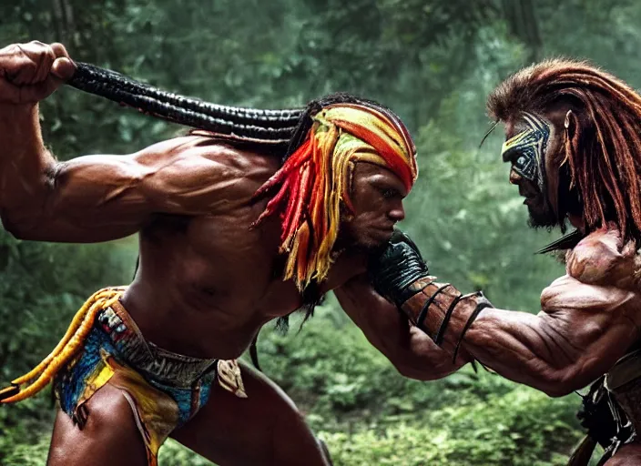 Image similar to the ultimate warrior fighting the predator, movie still, from the new predator movie, 8 k, realistic