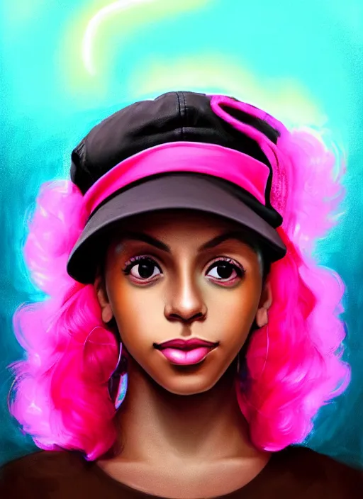 Image similar to portrait of teenage vanessa morgan with bright pink hair, black girl, curly pixie cut hair, wearing newsboy cap, pink short haircut, newsboy cap, hoop earrings, blue eyes, intricate, elegant, glowing lights, highly detailed, digital painting, artstation, concept art, smooth, sharp focus, illustration, art by wlop, mars ravelo and greg rutkowski