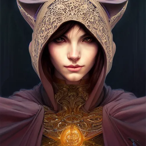 Image similar to portrait of cat wizard wearing a hood, face, fantasy, intricate, elegant, highly detailed, digital painting, artstation, concept art, smooth, sharp focus, illustration, art by artgerm and greg rutkowski and alphonse mucha