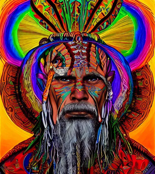 Image similar to Portrait painting in a style of Alex Grey of an old shaman dressed in a colorful traditional clothes.