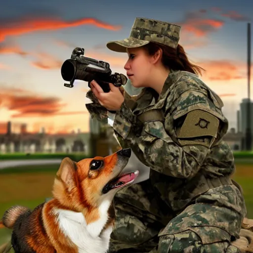 Image similar to female soldier with corgi sniffer dog, old photograph in sci-fi city digital art