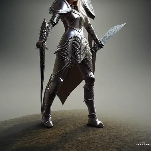 Image similar to full - body shot of a powerful elven female knight with a shield and a sword, ultra - hd, hcl, 1 2 - bit, ar, volumetric lighting, screen space global illumination, opaque, optics, lumen reflections, vfx, insanely detailed and intricate