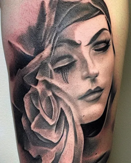 Prompt: tattoo design sketch of a beautiful woman face faded with a faded background of beautiful mountains and nature on her side, hyper - realistic, in the style of den yakovlev, amazing detail, black and white