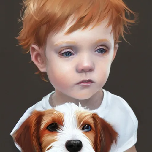 Prompt: a baby boy with very short ginger hair and blue eyes sitting with a very cute wire haired jack russell terrier puppy, white with brown patches over both eyes. detailed, high quality painting by artgerm and greg rutkowski and lois van baarle