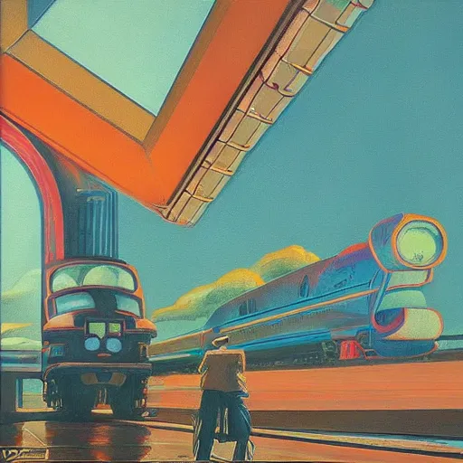 Prompt: detailed rooster, clockwork, moment, tectonic sky, skydome, bullet train, turbines, utopian, tech noir, wet reflections, prism, atmospheric, ambient, pj crook, syd mead, malcom t liepke, emma uber, edward hopper