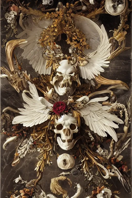 Prompt: A fallen icarus with a giant cyclops eye and golden wings in the form of a Greek sculpture, marble white elk skull, wreath of flowers and abstract eyes, bouquet of bones, many large flying eyes, silk, fabric, birds, flowers. baroque elements, human skull. full-length view. baroque element. intricate artwork by caravaggio. many many birds birds on background. Trending on artstation. halo. octane render, cinematic, hyper realism, octane render, 8k, depth of field, 3D