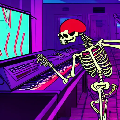 Prompt: a skeleton going ham on a synthesizer in a night club, outrun, synthwave, vaporwave