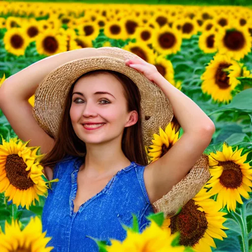 Prompt: Portrait, Illustration of a Ukrainian girl Smiling, Beautiful pretty young, flowers in her dark hair, Scene: Sunflower field, Colors: Yellow sunflowers, blue cloudy sky, In a style of Full Frame