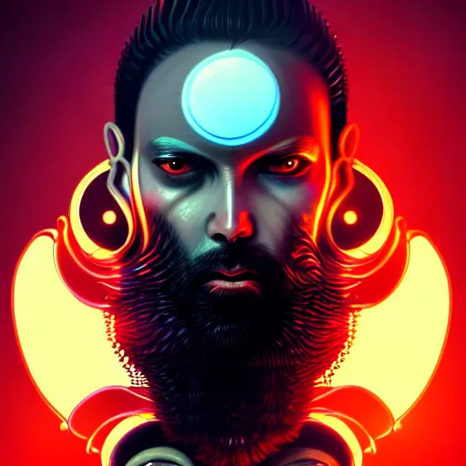 Image similar to bearded man with extremely large and intricate eye cyberpunk bionics with angry red eyes and slim features looking askance, eye cyberpunk bionics, retro futurist style, intricate, elegant gleaming intricate baroque jewelry, angelic halo, highly detailed, digital painting, artstation, concept art, smooth, sharp focus, illustration, art by wlop, mars ravelo and greg rutkowski,