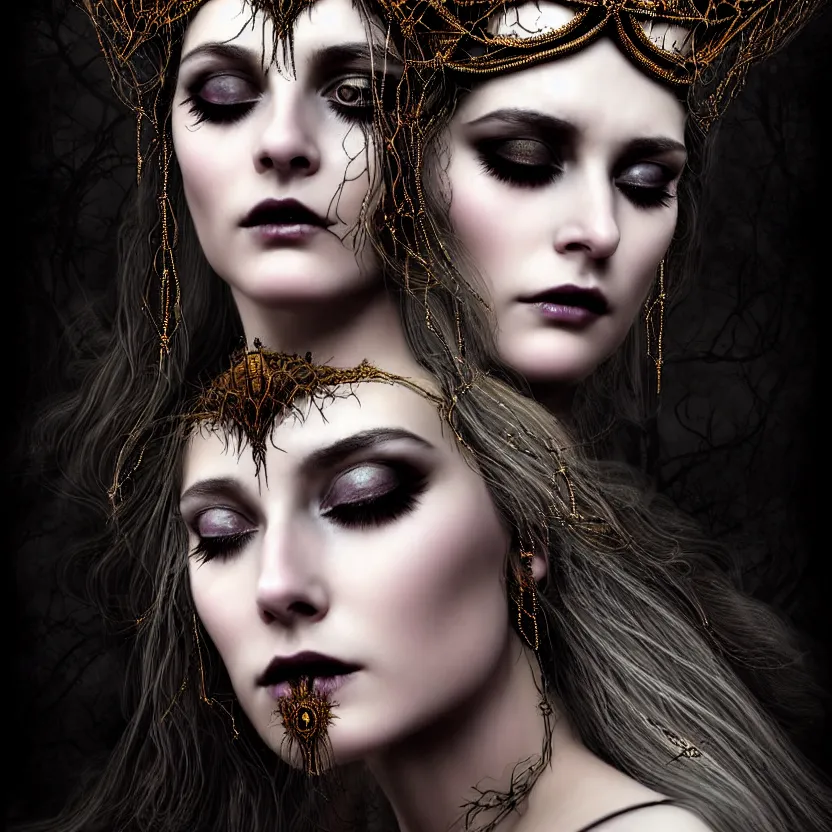 Image similar to mindblowing portrait of the enchantress queen, a stunning timeless beauty, breathtaking eyes, perfect skin, feathered eyelashes, royal gothic dress with a lot of leather, heavy silent hill aesthetic, incredibly intricate, digital art, blender, houdini & photoshop, very elegant & complex, hyper-maximalist, overdetailed, epic cinematic quality, biblical art lighting, photorealistic, lifelike, OLED, DSLR HDR 8k, face is the focus, facial feature symmetry, hyper composed, created by Nixeu & z--ed from deviantart