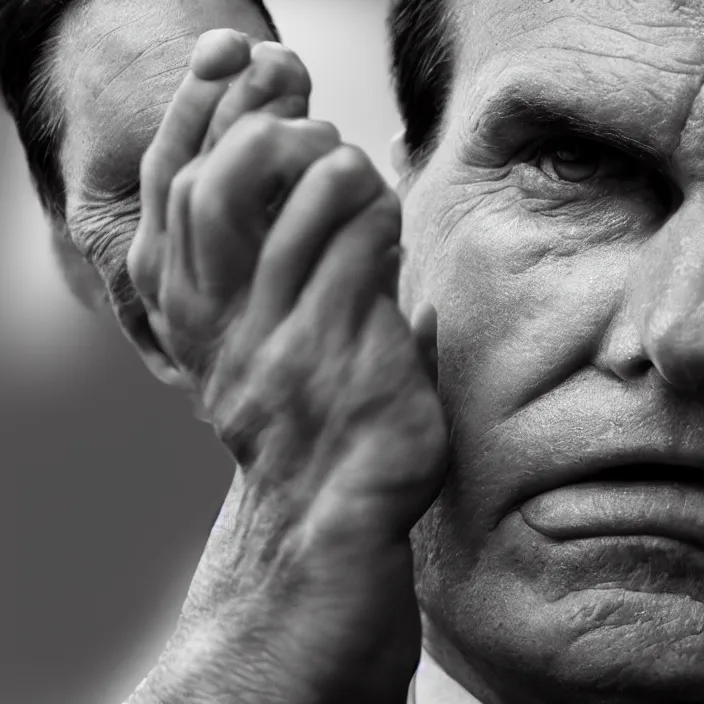 Image similar to photo of Jair Bolsonaro crying looking to workers party , hyper realism, high detail, octane render, 8k, chrome accents