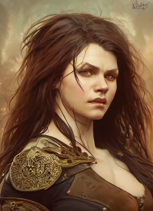 Prompt: realistic, prideful, intricate, primal, fierce expression, highly detailed, digital, deviantart, concept, sexy orc shield - maiden, smooth, sharp focus, thicc, illustration, art by artgerm and greg rutkowski and alphonse mucha